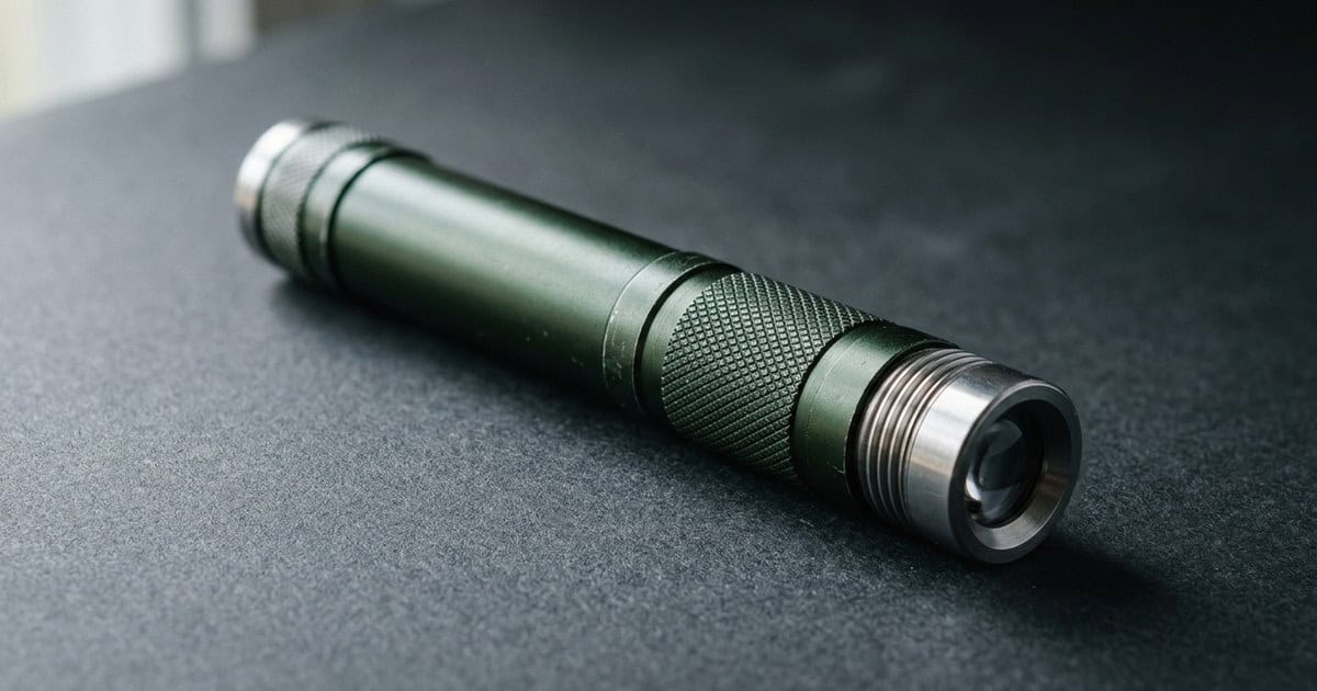 Close-up of a green laser pointer on a workbench beside a printed specification sheet