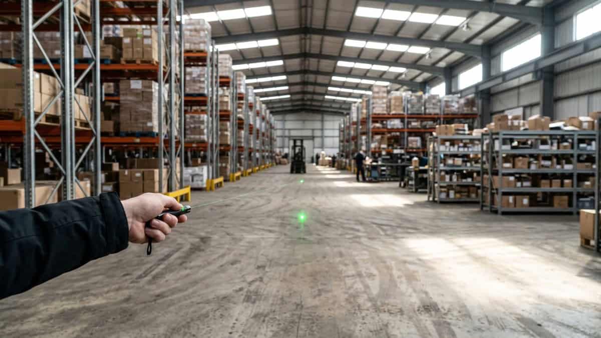 Green laser pointer held at arm's length marking a small dot on a warehouse floor in daylight