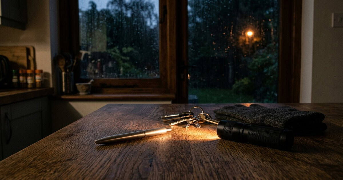 A small torch switched on beside an unlit pointer pen on a dark kitchen worktop on an autumn evening