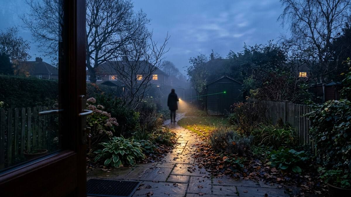 Torch lighting a garden path at dusk while a thin green beam marks a single spot on the shed door