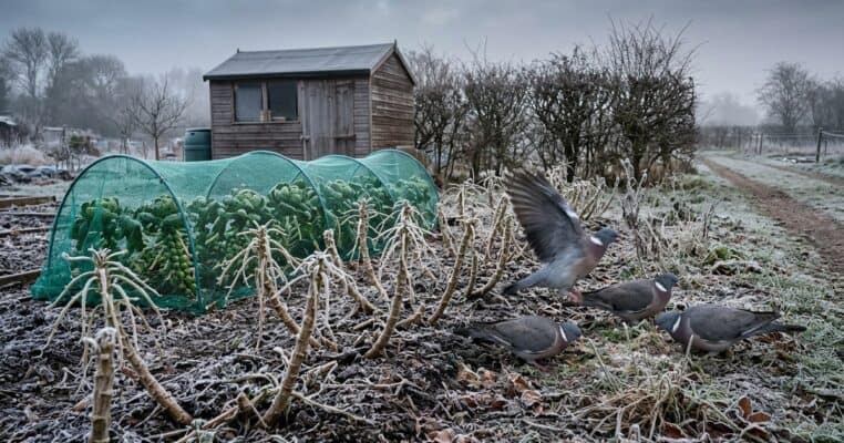 Wood pigeons feeding on a row of winter kale stripped to stalks and leaf veins on a frosty allotment