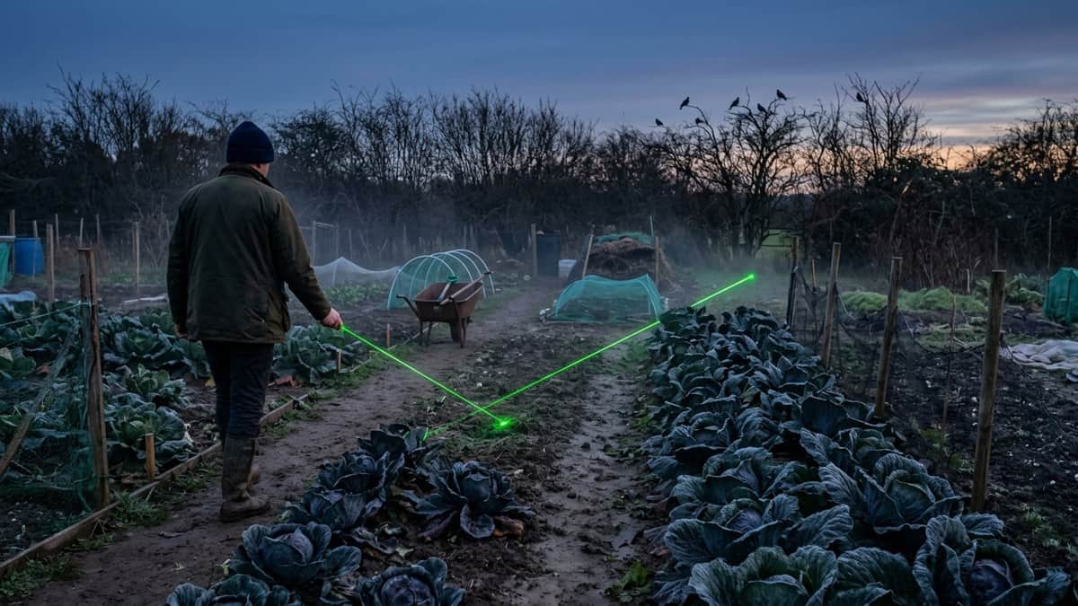 Grower sweeping a green laser beam low across rows of winter cabbage on an allotment at dusk